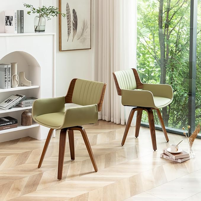 LUNLING Swivel Accent Faux Leather Dining Chairs, Mid Century Modern Chairs with Wooden Legs/Armrest/Upholstered Seat/Adjustable Foots for Kitchen Dining Room Desk Chairs,Green,1PCS