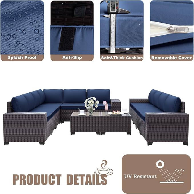 Kurapika 12 Pieces Patio Furniture Set, Rattan Wicker Outdoor Conversation Sets w/4 Inch Cushion and Glass Coffee Table(Navy Blue)