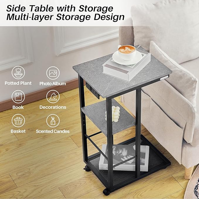 Redlife C Shaped End Table, Small Side Table for Couch C Tables with Charging Station, End Tables with Wheels & Adjustable Fee, Rolling Side Table for Living Room Bedroom (Grey Marble)