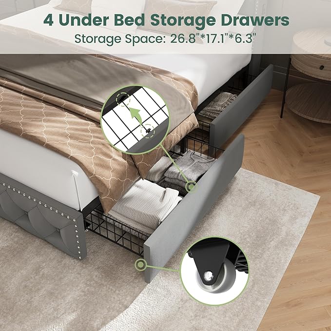 LARMACE King Bed Frame with 4 Storage Drawers and USB Charging Station Velvet Tufed Upholstered Platform Bed Frame with Headboard LED Light, Heavy Duty Platform/Noise Free, Easy Assembly, Grey