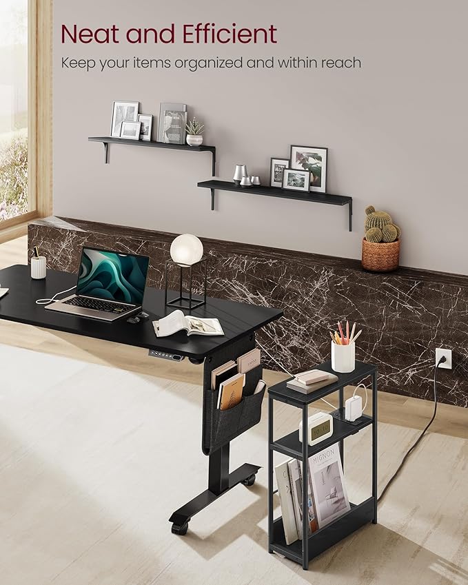 VASAGLE Side Table with Charging Station, Narrow End Table, 3-Tier Nightstand, Sofa Table for Small Spaces, Magazine Rack, for Living Room, Bedroom, Study, Ebony Black and Ink Black ULET335B01