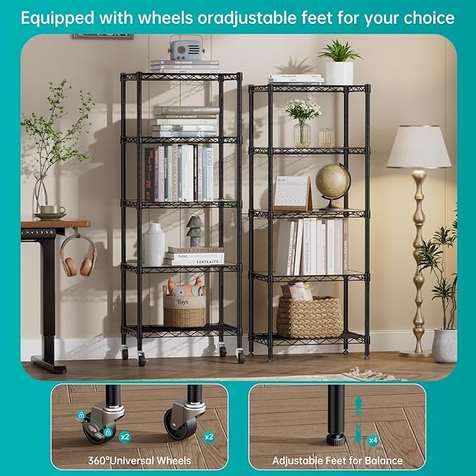 SINGAYE 5 Shelves Storage Shelf Wire Closet Bathroom Organizers Metal Pantry Kitchen Small Garage Shelving Unit Laundry Room Organization Home Narrow Rack Net Basket with Wheels Black