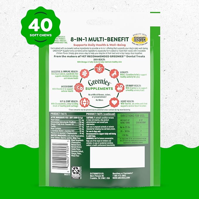 Greenies Dog Supplements 8-in-1 Multi-Benefit Chicken Flavor, 7.76 oz. Pouch, 40 Count