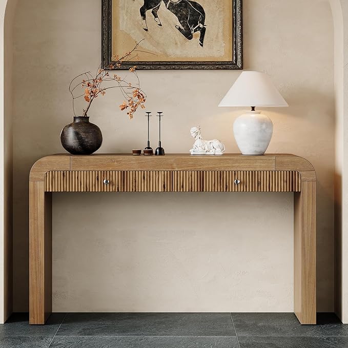 Merax Rustic Console Table with Fluted Drawer Front, Entryway Table with Curved Corners & Thick Legs, Sturdy Sofa Table for Hallway & Living Room, Natural