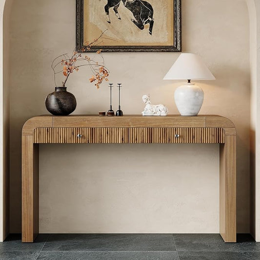 Merax Rustic Console Table with Fluted Drawer Front, Entryway Table with Curved Corners & Thick Legs, Sturdy Sofa Table for Hallway & Living Room, Natural