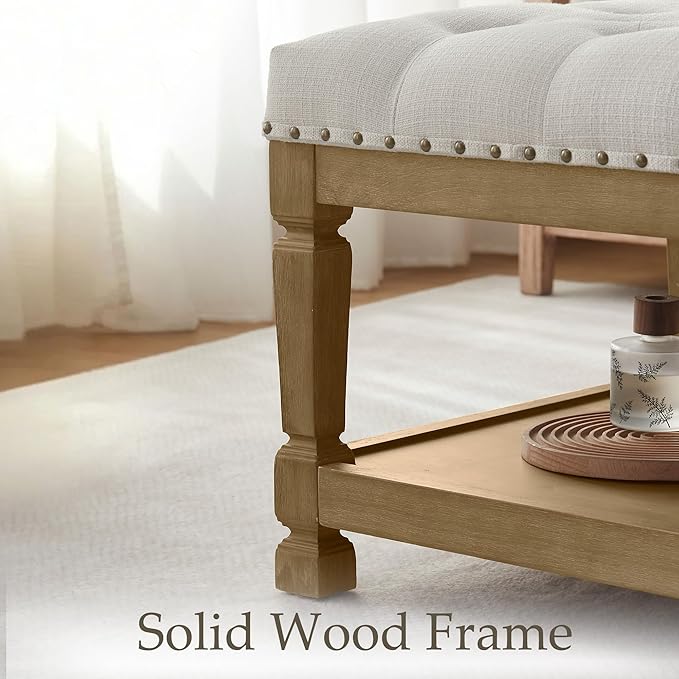 48" Coffee Tables for Living Room, Oversized Storage Ottoman Coffee Table, Fabric Tufted Ottomans, Upholstered Storage Ottoman Bench for Bedroom, Entryway (Beige)