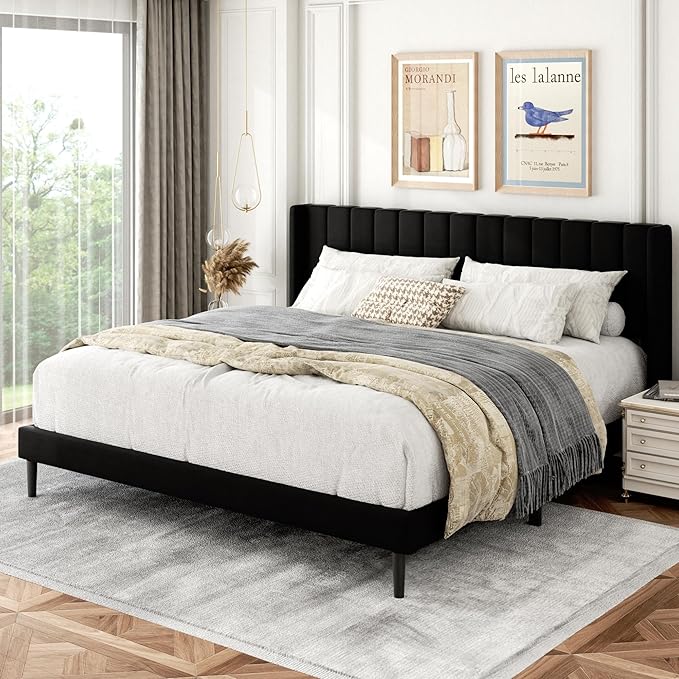 King Size Bed Frame with Wingback Headboard, Upholstered Platform Bed, No Box Spring Needed, Sturdy Wooden Slat Support, Easy Assembly, Black