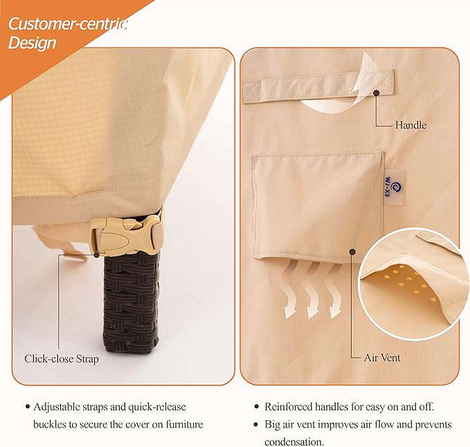 WJ-X3 3-Seater Outdoor Sofa Cover, Heavy Duty Patio Sofa Cover, Outdoor Couch Cover Waterproof, High Wind Resistant Design for Patio Couch Cover, 87W x 37D x 35H, Beige & Coffee