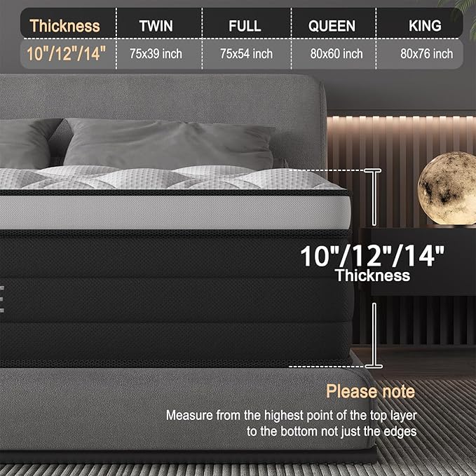 Twin Mattress, 12 Inch Hybrid Mattress in a Box with Individual Pocket Spring, Gel Memory Foam and Euro Top, Medium Firm Feel with Motion Isolation, Pressure Relief, Edge Support, Twin Size Black