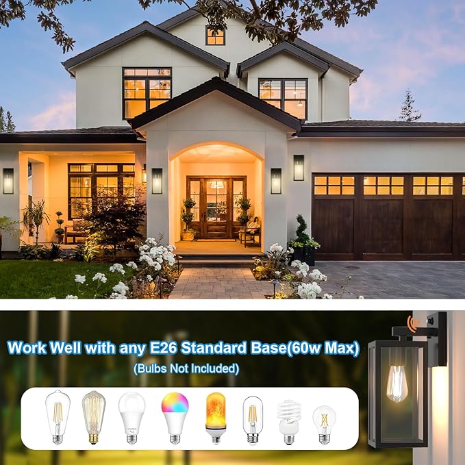 Kalium Dusk to Dawn Porch Outdoor Light, 2 Pack Wall Light Fixtures Waterproof Exterior Wall Sconce Light Fixture with E26 Base for Patio Entryway Hallway (Bulb not Included)