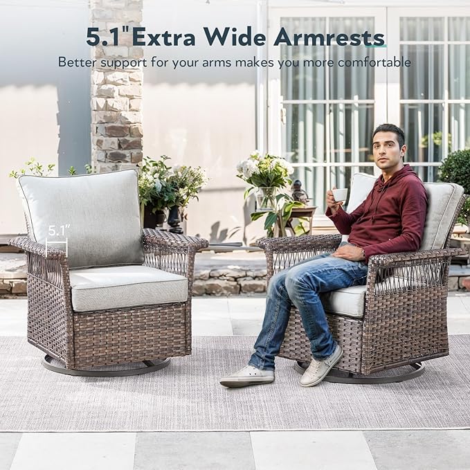 Outdoor Swivel Glider Chairs - 3 Pieces Hollow Widen Armrests Wicker Patio Furniture Set with Side Table, High Back Outside Swivel Rocker for Balcony Porch Deck and Yard - Brown/Beige