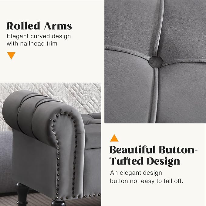 Velvet Storage Bench 67 Inch Upholstered Tufted Ottoman Bench with Rolled Arms Large Storage Space King Size End of Bed Bench for Bedroom Living Room Entryway Dark Grey