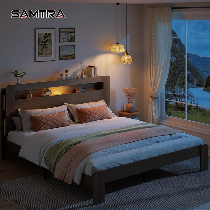 Wooden Bed Frame King Size with Storage Headboard - Farmhouse Platform Bed Frame with Bookcase Shelf & Led Lights, Sturdy Wood Slat Framework Bed Frame (Light Brown LED)