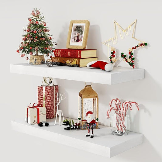 Fun Memories White Floating Shelves 30x 12 Inch, Deep Floating Shelf Wall Mounted, 12" Deep Wall Shelves for Books, Bathroom, Bedroom, Kitchen, Thicked Shelves for Home Storage & Display, Set of 2