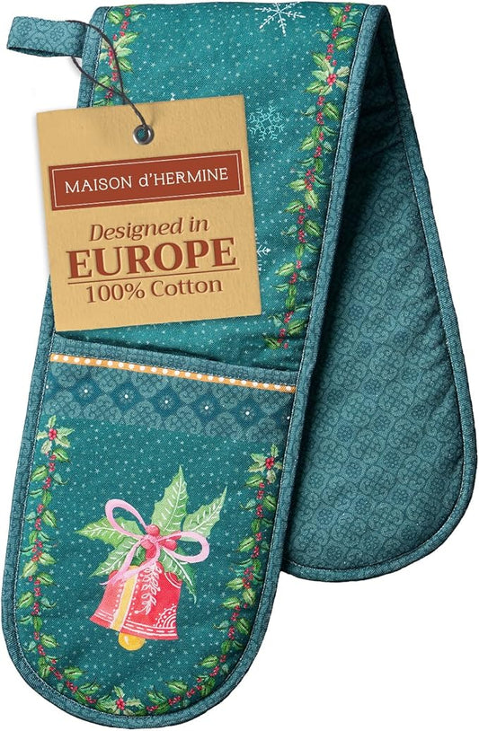 Maison d' Hermine Double Oven Mitt (7" x 35") 100% Cotton Heat Resistant BBQ Cooking Gloves with Loop for Thanksgiving Christmas Decorations Baking Cooking Barbeque Handling Hot Pan (Hygge Christmas)