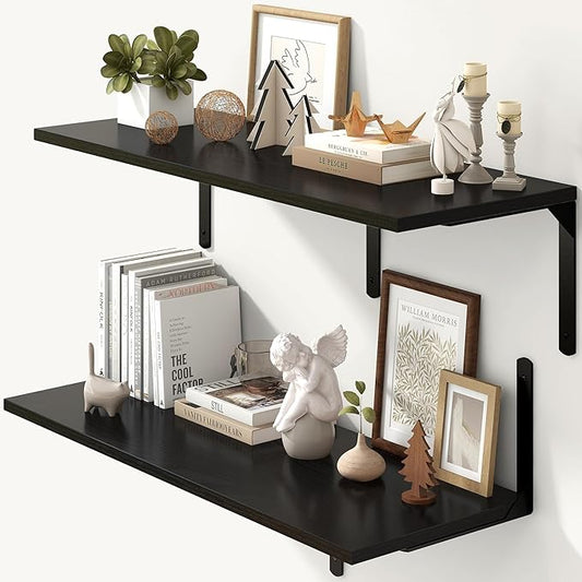 Fun Memories Floating Shelves for Wall, 12 Inch Deep Floating Shelves Set of 2, Wall Mounted Shelf with Metal Brackets, Rustic Wood Wide Shelf for Bathroom, Kitchen and Living Room, Black, 36W x 12D