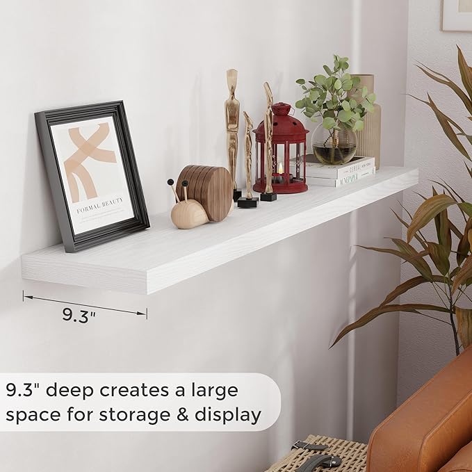 Fun Memories 55 Inch Floating Shelves for Wall Set of 2, 55x9.3 Large Floating Shelf for Bedroom, Kitchen, Bathroom, Wall Mounted Rustic Wood Shelves with Invisible Bracket for Books, Decor, White
