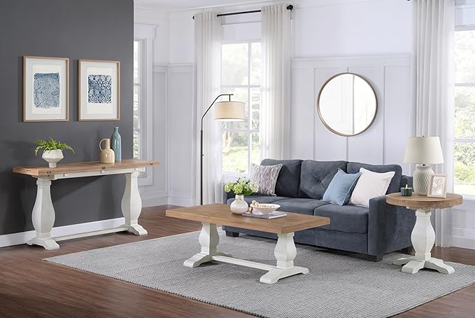 Martin Svensson Home Napa Solid Wood Pedestal Flip-Top Sofa Console Table, White and Driftwood