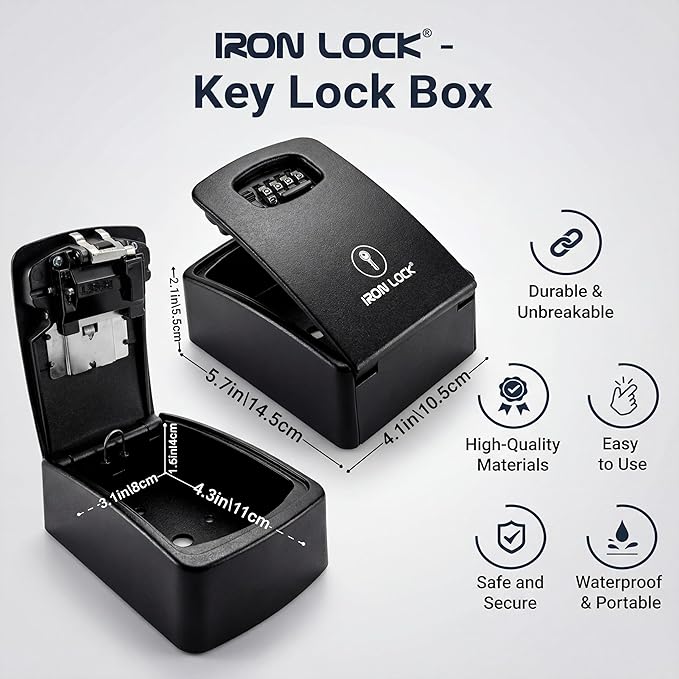 Iron Lock® Key Lock Box XXL Wall Mount – Waterproof Outdoor Key Safe with Heavy-Duty Metal Body & 4-Digit Combination – Lock Box for Keys Outside for Home, Rentals & Realtors (Black, XXL)