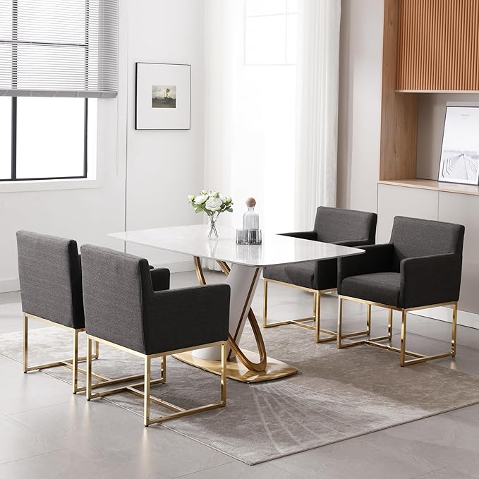 Upholstered Dining Chairs with Armrest Set of 4 Mid Century Modern Accent Chairs Armchairs with Gold Metal Frame, Modern Kitchen & Dining Room Chairs, Charcoal