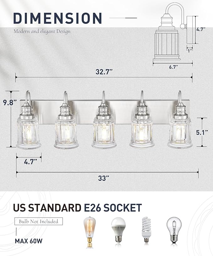 Bathroom Light Fixtures, HWH 5-Light Vanity Light, Modern Brushed Nickel Wall Lighting Over Mirror, Bell-Shaped Striped Glass, 5HZG106B-5W BN