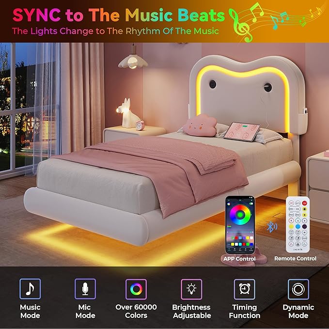 Twin Size Floating Bed Frame with LED Lights, Velvet Upholstered Headboard Bed Frame for Kids/Girls, Rounded Corners, Charging Station, No Box Spring Needed, White