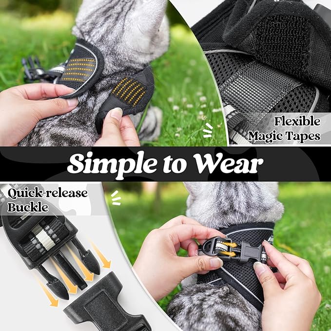 rabbitgoo Cat Harness and Leash Set for Walking Escape Proof, Adjustable Soft Kittens Vest with Reflective Strip for Cats, Comfortable Outdoor Vest, Black, XL