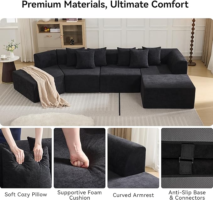 140''Oversized Cloud Velvet Curved Sectional Couch, Boneless Couch with L-Shape Chaise, Upholstered Compression Memory Foam Modular Sectional Sofa for Living Room, No Assembly Required, Black