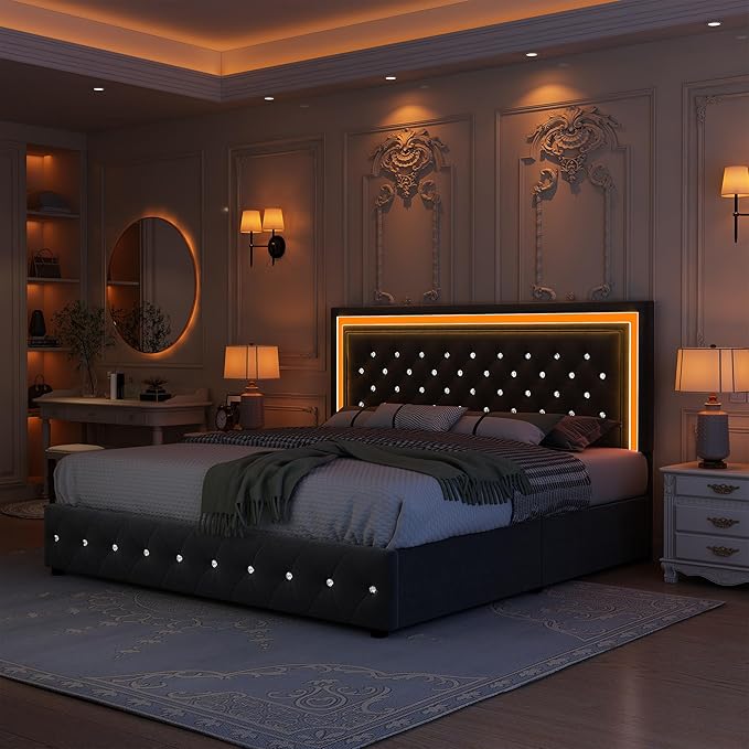 Queen Bed Frame with LED Lights, Storage Drawers, No Box Spring Needed, 900 lbs Capacity, Easy Assembly, Velvet Grey