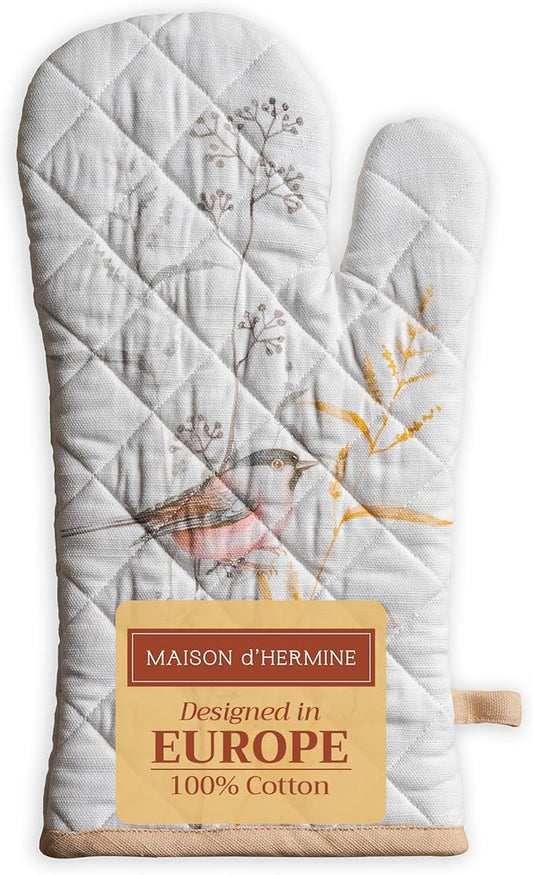 Maison d' Hermine Oven Gloves 100% Cotton Oven Mitt 7" x 13" with Loop Heat Resistant, BBQ, Cooking Gloves, Grilling, Kitchen, Handling Hot Pans Spring/Summer (Pack of 1, Meadow Florals - Beige)