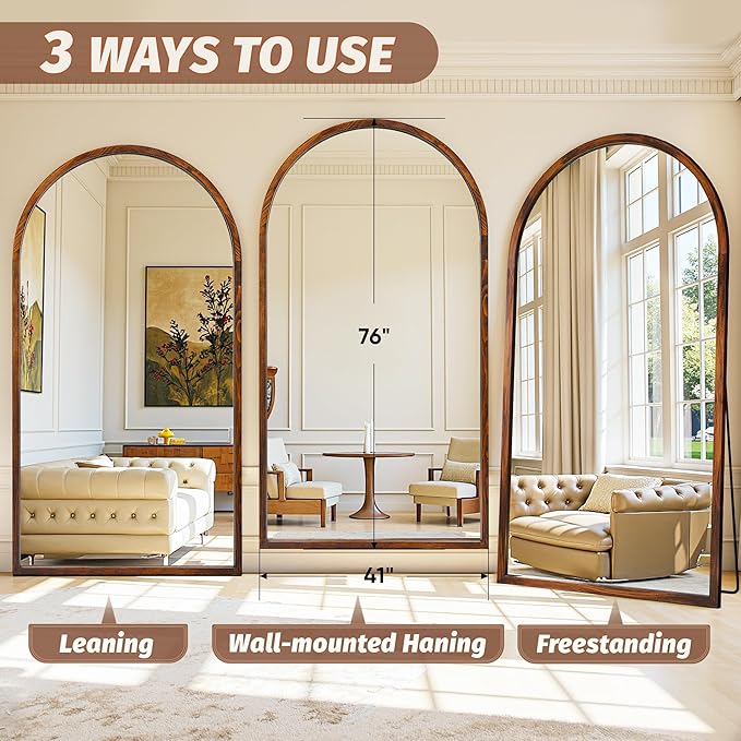 Full Length Mirror 76"×41" Floor Mirror Standing Tall Mirror, Arched Stand up Large Wall Mirrors, Freestanding Full Body Mirrors for Bedroom Living Room Wood Antique Style Walnut
