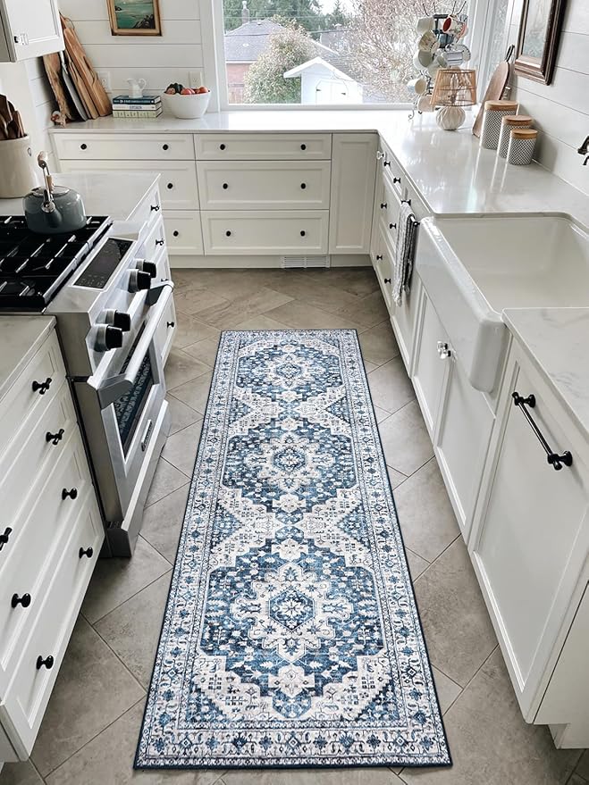 Moynesa Blue Vintage Floral Medallion Runner Rug, 2'6" x 8', Machine Washable, Non-Slip, Pet Friendly, High-Traffic Areas