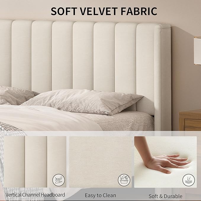 Queen Size Upholstered Platform Bed Frame with Modern Wingback & Vertical Panel Headboard, Linen Fabric, Wooden Legs & Slats Support, No Box Spring Needed, Noise-Free & Easy Assembly, Beige