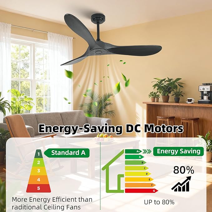 Smart Ceiling Fan no Light, 52 Inch Outdoor Ceiling Fan Without Light, Compatible with Alexa/Google/App, 3 Solid Wood Blades, Modern Wood Fan for Patio, Bedroom, Living Room, Black