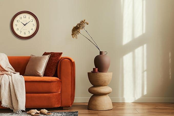 Bulova Atomic Time 2 Analog Wall Clock C5004 | 12.4" Wooden Frame, Sets Time Automatically | Quartz Movement | Battery Operated | Classic Design