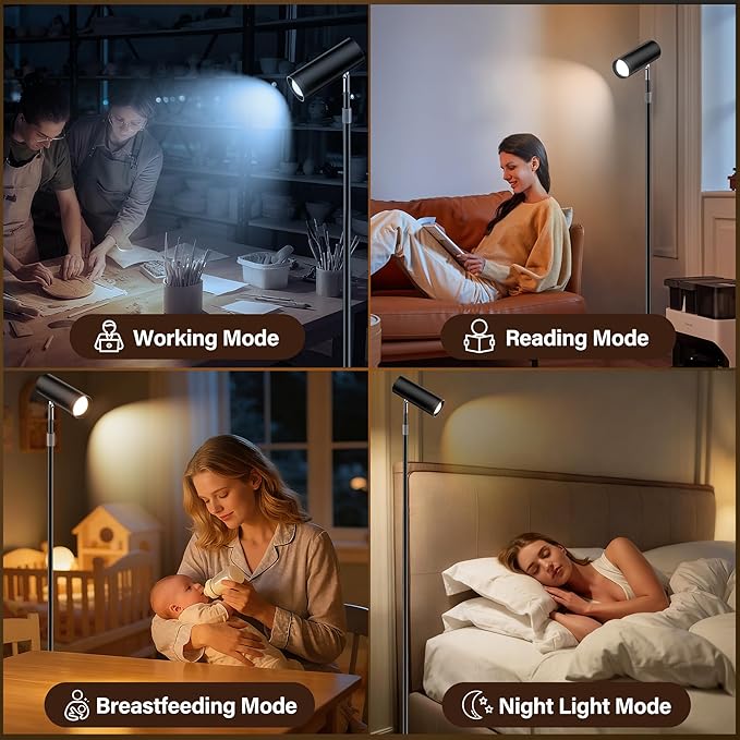 Adjustable Floor Lamp, SIBRILLE Modern Stepless Dimmable Torchiere Tall Lamp with Remote Control, 350°Rotating Head Standing Lamp, Reading Floor Lamp for Living Room, Bedroom, Office & Wall Art, Black