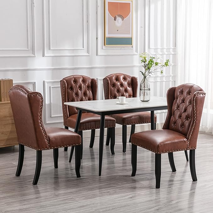 DUOMAY Modern Tufted Dining Chairs Set of 6, PU Leather Upholstered Dining Room Chairs Armless Guest Side Chair for Kitchen Dining Room, Wingback Accent Chairs with Solid Wood, Brown