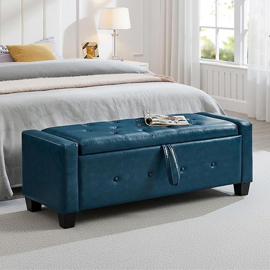 48" Faux Leather Ottoman with Storage, Tufted Storage Ottoman Bench with Safety Hinge, Rectangular Extra Long Bench for Bedroom, Living Room, Entryway and Window, Blue