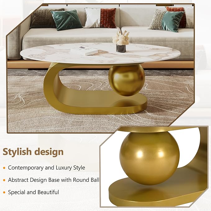 Merax 47.2" Modern Oval Coffee Table, Marble Pattern Sintered Stone Coffee Tabletop with Gold Stainless Steel Base for Living Room, White+Gold