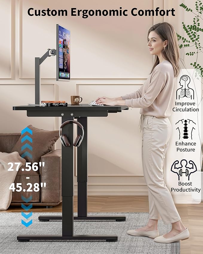 Okin Small Electric Standing Desk, 40" x 24" Whole Piece Height Adjustable Black Sit to Stand Desk Computer Workstation for Home Office