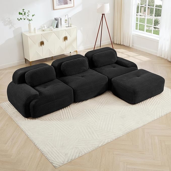 116" Modern Compressed Boneless Couch with Ottoman, 3 Seater Large L Shaped Sectional Couches for Living Room, Black Corduroy Cloud Modular Sectional Sofa, Memory Foam, Extra Deep, No Assembly