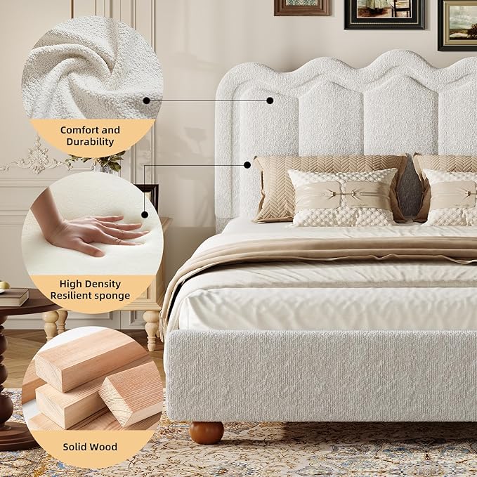 Queen Size Bed Frame with Headboard, Boucle Bed Frame, Soft Upholstered Platform Cloud Bedframe with Footboard, Solid Wood Legs, Solid Wooden Slats Support, No Box Spring Required, Easy Assembly