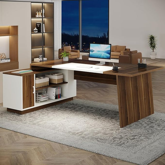 Tribesigns L-Shaped Executive Office Desk, 70.5-Inch Mid-Century Modern Executive Desk with Storage Cabinet and Shelves, Large Computer Desk for Home Office, Brown + White