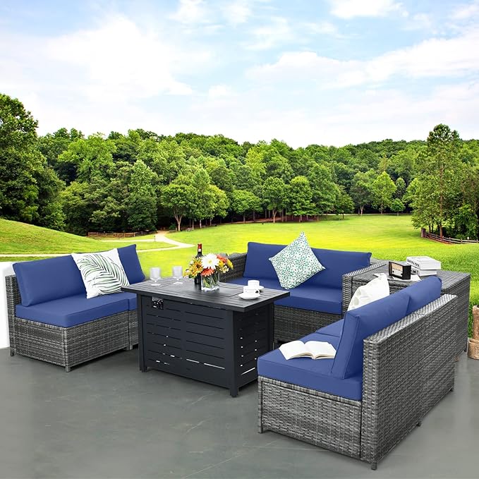 HAPPYGRILL 8 Pieces Patio Furniture Set Outdoor PE Rattan Conversation Set with Storage Box, Sectional Wicker Sofa Set with Coffee Table and Cushions for Garden Backyard