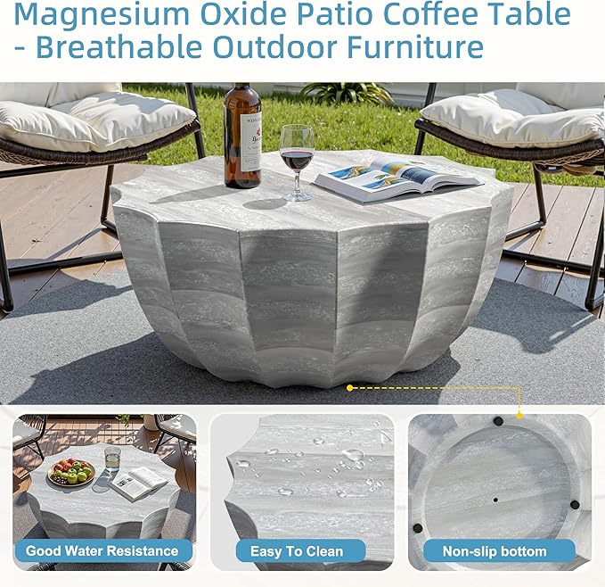 35" Outdoor Round Coffee Table Modern Stylish Design Waterproof & Moisture-Proof No Assembly Required Outdoor Coffee Table for Patio, Garden, Backyards - US Warehouse (Marble White)