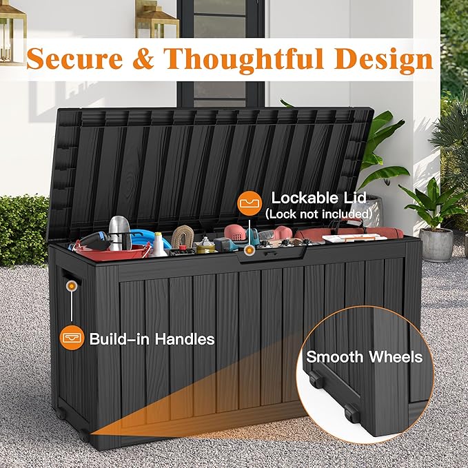 72 Gallon Outdoor Storage Box, Waterproof Deck Box with Handles and Lockable Lid, Resin Patio Storage Box with Hydraulic Rods for Garden Tools, Cushions, Black