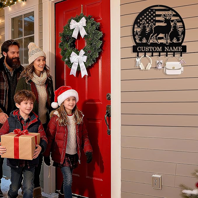 Personalized Deer Key Holder Wall Mount, Custom Metal Keys Hanger for Wall with Name, Custom Key Rack Holder with Hooks for Home, Entryway, Front Door, Living Room, Kitchen, Bathroom