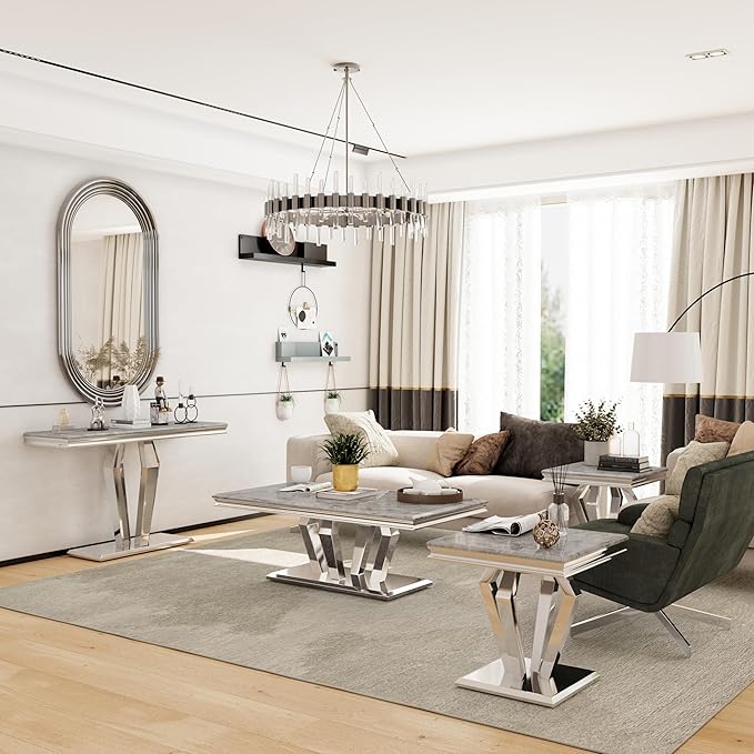 4-Piece Coffee Table Set, Gray and Silver Living Room Tables with 4 Geometric Bases, 1 Coffee Table + 2 End Table + 1 Console Table for Home Office