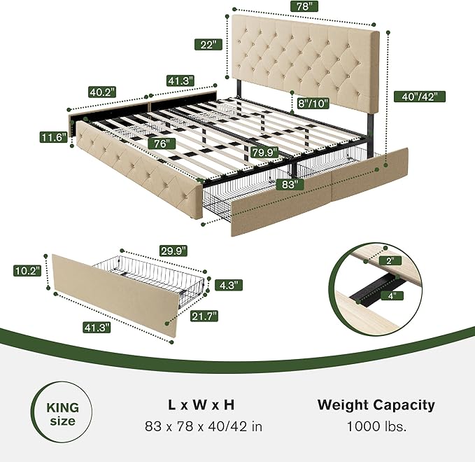MUTICOR King Size Bed Frame with 4 Storage Drawers, Upholstered Platform Bed with Button Tufted Adjustable Headboard, No Box Spring Needed, Easy Assembly, Diamond Tufted, Beige Fabric