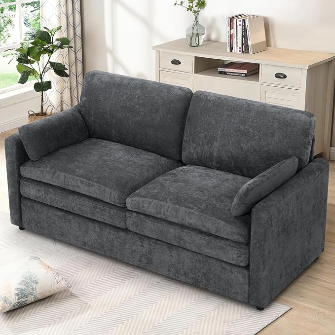 69" Chenille Modern Couch with Cozy & Soft Backrests, 2 Seats Sofa with 2 Extra Pillows, Comfy Upholstered Sofa with Thicker Cushions for Living Room, Office, Grey